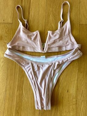 Soft V-Plunge Bralette & Bikini Swimming Set - Blush Pink